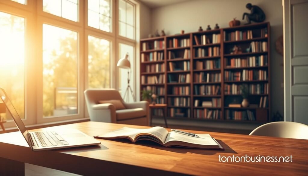 A serene home office setting, flooded with warm, natural lighting from large windows. In the foreground, a wooden desk with a laptop, pen, and open notebook, conveying a sense of focused work and research. In the middle ground, a cozy armchair and side table, hinting at moments of contemplation and idea generation. The background features bookshelves filled with knowledge, alluding to the importance of understanding your audience and search intent. The overall atmosphere is one of thoughtful productivity, with the Tontonbusiness.net brand subtly incorporated into the environment.