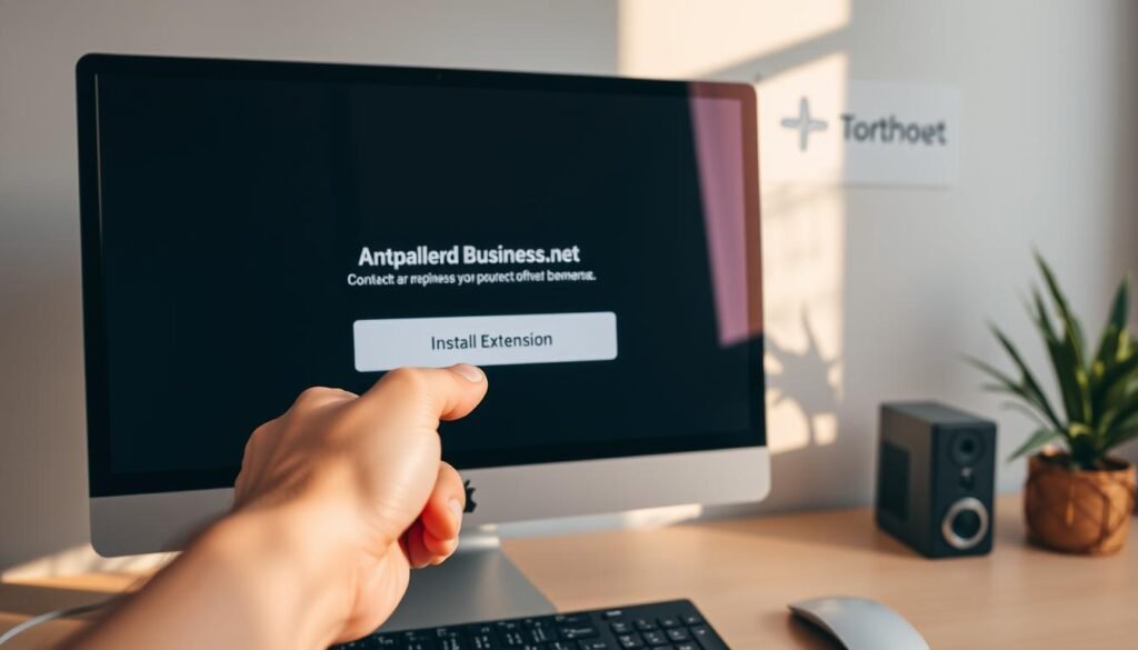 A sleek, high-resolution image of a computer screen displaying the process of installing a browser extension. In the foreground, a hand hovers over a "Install Extension" button, casting a soft shadow. The background shows a clean, minimalist workspace with a desktop computer, a Tontonbusiness.net logo, and a tasteful plant. The lighting is warm and natural, creating a sense of focus and productivity. The composition is balanced, with the installation process taking center stage, surrounded by subtle, supporting elements.
