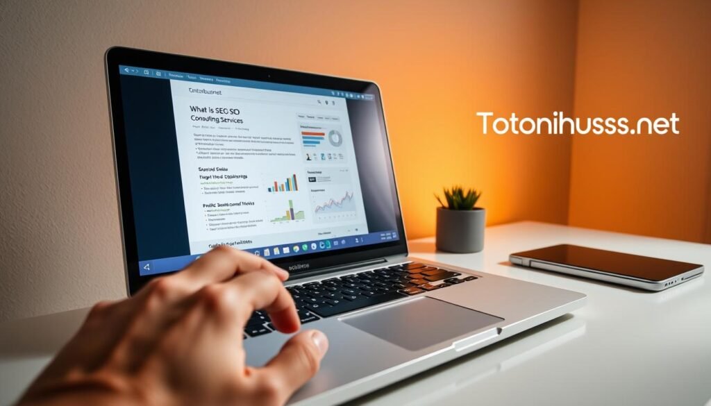 A sleek, modern laptop on a minimalist desk, its screen displaying a search engine results page for "what is SEO consulting services". The foreground features a hand hovering over the keyboard, suggesting a user actively engaged in research. The middle ground showcases an array of analytic charts and graphs, hinting at the data-driven insights of SEO consulting. In the background, a muted Tontonbusiness.net logo subtly anchors the scene, conveying a sense of professional expertise. Warm, directional lighting casts subtle shadows, creating depth and a contemplative atmosphere, reflecting the user's thoughtful exploration of this specialized service.