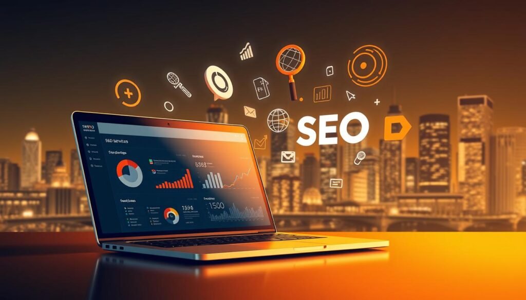 A striking digital illustration depicting the core services of a top-tier SEO agency. In the foreground, a sleek laptop displays a dashboard with key metrics and insights, showcasing the agency's data-driven approach. In the middle ground, various SEO-related icons and graphics float, including a magnifying glass, a globe, and lines of code, representing the breadth of services offered. The background features a dynamic cityscape, symbolizing the agency's ability to boost online visibility and drive growth for businesses. The scene is bathed in a warm, amber-hued lighting, conveying a sense of professionalism and expertise. Tontonbusiness.net