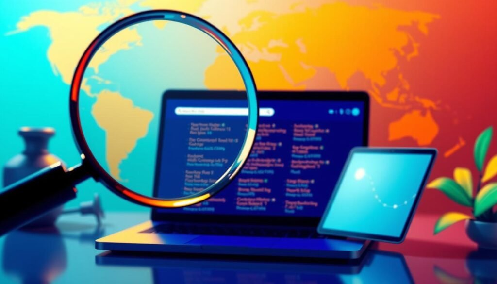A vibrant and dynamic illustration depicting "citations influence search". In the foreground, a magnifying glass hovers, symbolizing the importance of online visibility. The midground showcases a laptop screen displaying various citation sources, representing the varied avenues through which citations can impact search rankings. In the background, a stylized world map highlights the global reach and significance of citations in the digital landscape. The color palette is bold, with hues of blue, green, and orange that convey a sense of authority and innovation. Lighting is warm and directional, casting dramatic shadows that add depth and dimension to the scene. The overall mood is one of discovery and insight, capturing the essence of how citations can enhance a business's online presence and search engine relevance. Tontonbusiness.net