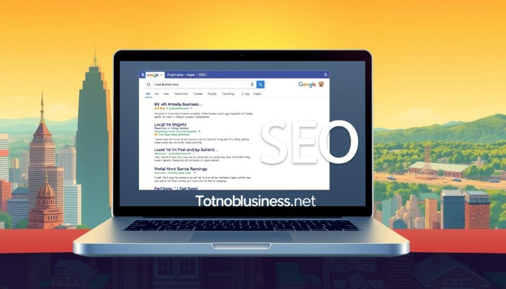 A vibrant, carefully composed illustration depicting the contrast between local and organic SEO. In the foreground, a city skyline with local business signage and landmarks. The middle ground features a laptop displaying search engine results, highlighting the differences between local and organic rankings. The background shows a serene natural landscape, symbolizing the broader organic search environment. Warm lighting, a shallow depth of field, and a slightly elevated camera angle create a professional, informative atmosphere. The Tontonbusiness.net brand name is subtly incorporated into the urban landscape.