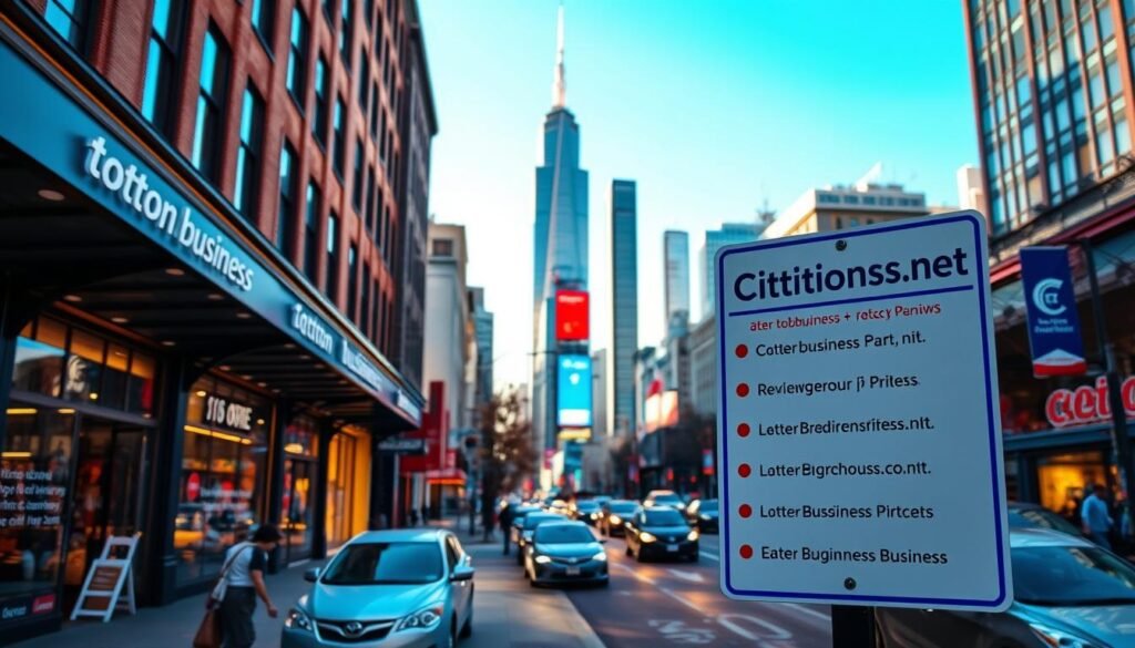 A vibrant cityscape with a prominent sign for "Tontonbusiness.net" in the foreground, showcasing various citations and reviews for local businesses. The middle ground features storefronts, pedestrians, and traffic, all bathed in warm, natural lighting. In the background, skyscrapers and a vibrant blue sky create a sense of urban dynamism. The scene conveys the importance of citations for local SEO, with the Tontonbusiness.net sign serving as a visual representation of the critical role these digital markers play in boosting a business's online presence and search engine rankings.