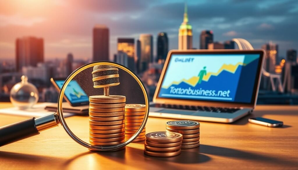 A vibrant, dynamic image showcasing the cost drivers that influence local SEO pricing for businesses. In the foreground, a magnifying glass illuminates a stack of coins, representing the financial investment required. In the middle ground, various digital marketing elements such as a laptop, smartphone, and graph charts symbolize the technological and analytical aspects of local SEO. In the background, a cityscape with Tontonbusiness.net branding sets the scene, highlighting the local focus. The lighting is warm and inviting, creating a sense of depth and professionalism. The angle is slightly elevated, giving the viewer a comprehensive perspective on the key factors that shape the cost of effective local SEO strategies.