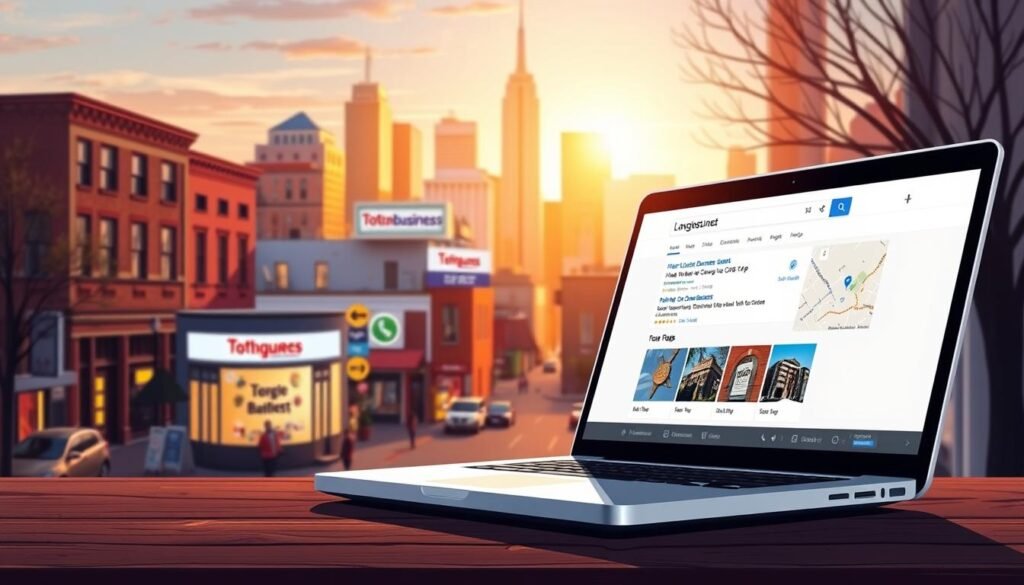 A vibrant illustration of local SEO, showcasing a city skyline with a focus on a downtown district. In the foreground, a laptop displays a search engine results page highlighting local business listings and map pack results, reflecting the "How Local SEO Works and What Gets You Into the Local 3-Pack" section. The middle ground features various local landmarks and storefronts, with signage and branding for "Tontonbusiness.net". The background is bathed in warm, golden lighting, conveying a sense of community and small-town charm. The overall scene emphasizes the importance of optimizing for local search to improve visibility and drive foot traffic to local businesses.