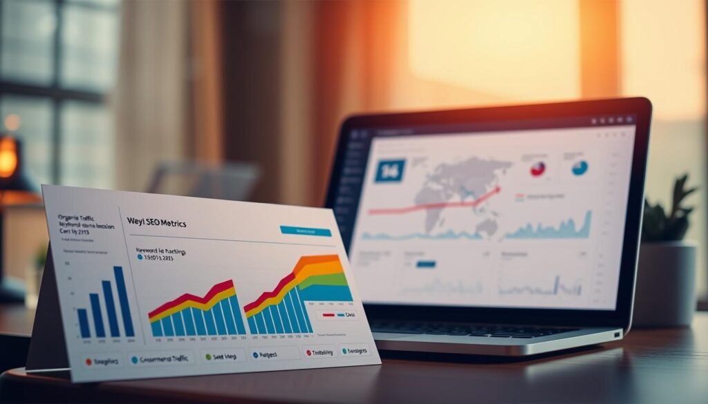 A visually striking illustration of essential SEO metrics, captured through the lens of Tontonbusiness.net. In the foreground, a vibrant infographic showcases key performance indicators such as organic traffic, keyword rankings, and conversion rates, presented in a clean, modern style. The middle ground features a laptop displaying a sleek analytics dashboard, bathed in warm lighting that creates a sense of depth and focus. In the background, a stylized world map subtly hints at the global reach and interconnectivity of SEO. The overall composition conveys a sense of authority, professionalism, and the power of data-driven decision-making.