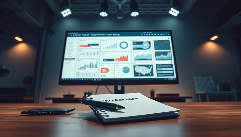 A vivid, detailed illustration of a targeted keyword strategy for an article on SEO and blogging. A sleek, minimalist desktop setup featuring a large monitor displaying a keyword research dashboard. Intricate data visualizations, graphs, and analytical tools fill the screen, casting a soft glow on the modern, industrial-style workspace. In the foreground, a Tontonbusiness.net branded notepad and pen lie next to a powerful desktop computer. The lighting is dramatic, with a combination of overhead spotlights and indirect ambient illumination, creating depth and shadows that emphasize the strategic, analytical nature of the scene. The overall mood is one of focus, productivity, and data-driven decision-making.