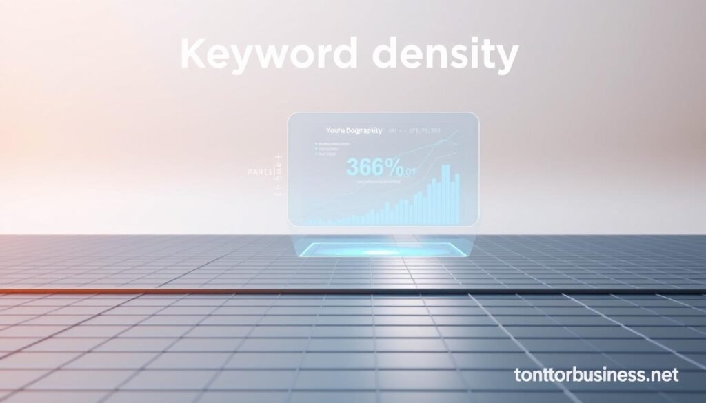 Detailed and technical illustration of "keyword density" for SEO analysis. Realistic 3D render with a clean, minimalist aesthetic. Foreground features a transparent grid overlaying a sleek, metallic surface, representing data visualization. Middle ground showcases a holographic infographic displaying keyword statistics and trends. Background has a subtle gradient backdrop, evoking a professional, technology-driven ambiance. Warm, directional lighting casts dynamic shadows, enhancing the sense of depth. Tontonbusiness.net branding integrated seamlessly into the design.