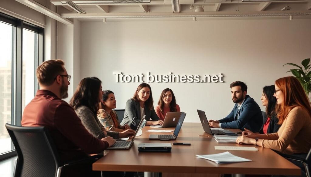 Potential clients sitting in a modern, minimalist office space, illuminated by soft, natural lighting from large windows. A diverse group of people, representing various ages, ethnicities, and backgrounds, engaged in thoughtful discussions, laptops open, and papers scattered on the desk. The Tontonbusiness.net logo prominently displayed on the wall, symbolizing the company's expertise in helping businesses find their ideal SEO clients. The overall atmosphere conveys a sense of productivity, collaboration, and a forward-thinking mindset, reflecting the "search intent decoded" theme of the article section.