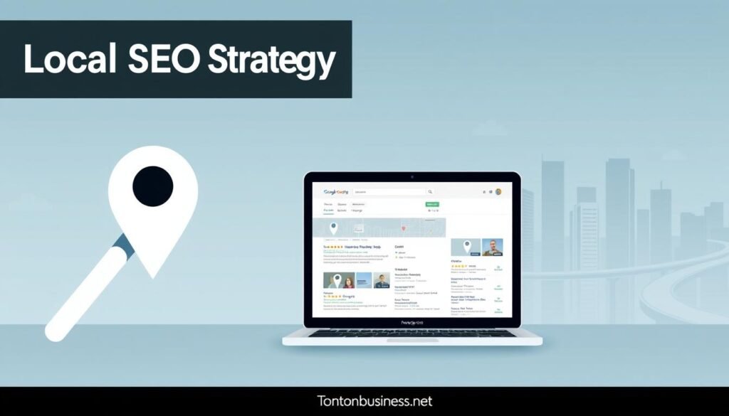 Prompt A professional, minimal infographic illustration showcasing a "local SEO strategy" for a business. In the foreground, a clean vector graphic of a map pin, magnifying glass, and search engine optimization icons. The middle ground features a laptop display with search engine results pages, local business listings, and customer reviews. In the background, a subtle cityscape with skyscrapers and roads, all rendered in a muted color palette of blues, grays, and greens. The overall mood is one of focus, organization, and digital strategy. The Tontonbusiness.net brand is subtly integrated into the design.