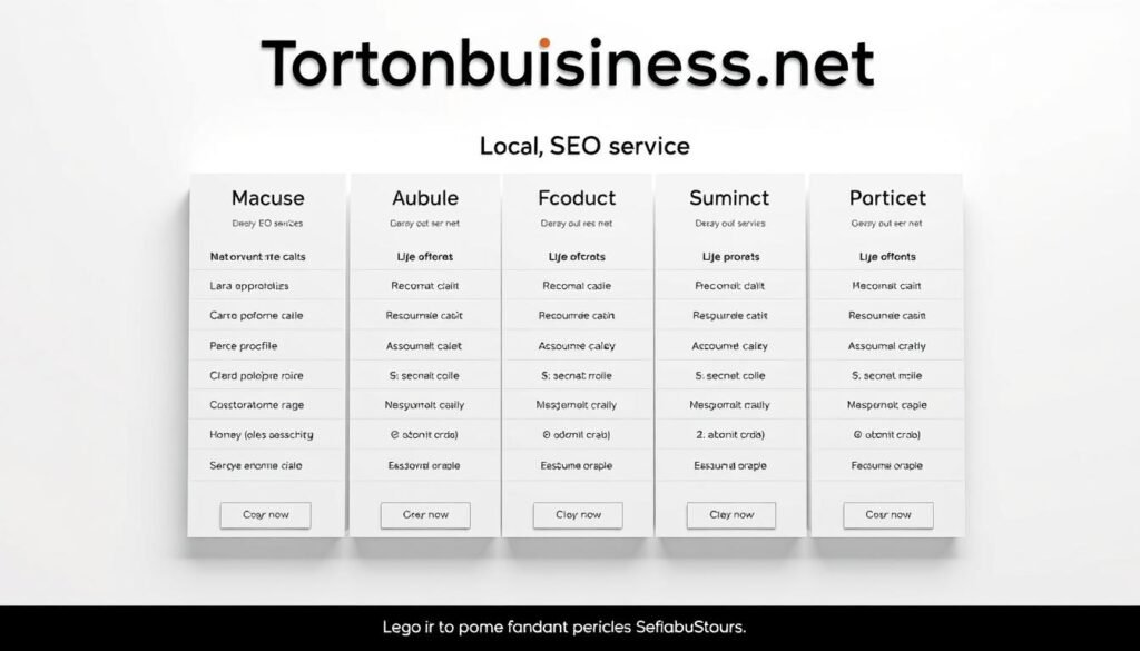 a detailed 3D render of a pricing table for local SEO services, featuring a clean and modern design with clear pricing breakdowns for different service tiers. The table is set against a minimalist white background, with subtle shadows and highlights that give it a sense of depth and solidity. The pricing information is presented in a clear, easy-to-read format, and the overall composition conveys a sense of professionalism and authority. The Tontonbusiness.net logo is prominently displayed at the top of the frame, adding a touch of branding to the image.