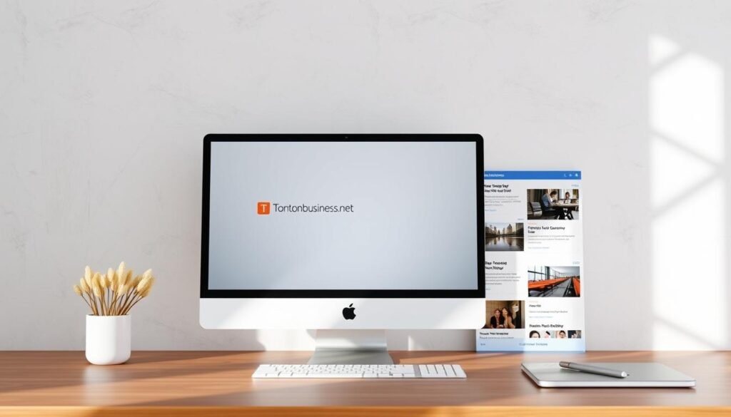 a modern, minimalist blog website interface with a clean layout, featuring a large header image showcasing a laptop or desktop computer with the Tontonbusiness.net brand displayed prominently. The blog section takes up the majority of the screen, with a series of thumbnail images and headlines arranged in a grid-like layout. The background is a soft, neutral color palette with subtle textures, creating a professional and inviting atmosphere. The overall composition emphasizes the concept of "how blogging improves rankings in practice" with a focus on the blog's content and design. The lighting is natural and diffused, capturing a sense of warmth and productivity. The camera angle is slightly elevated, providing a comprehensive view of the blog interface.
