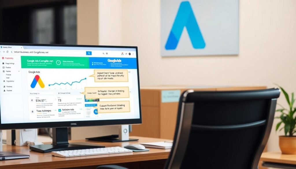 A business office environment, with a desk, chair, and computer monitor prominently displayed in the foreground. The monitor's screen shows a Google Ads dashboard, highlighting common mistakes to avoid, such as poor targeting, inefficient bidding, and irrelevant ad copy. The background features a tontonbusiness.net logo, subtly displayed on the wall or as a screen saver. The lighting is natural, with a warm, professional atmosphere. The overall scene conveys the importance of optimizing Google Ads campaigns to maximize return on investment.