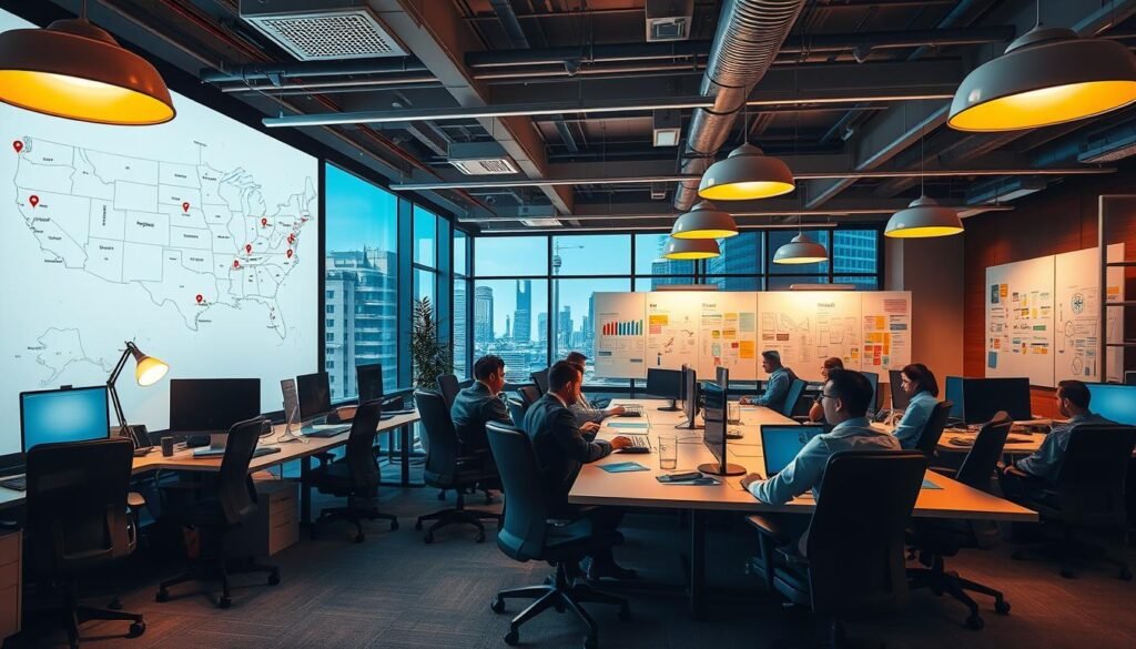 A bustling campaign office, bathed in the warm glow of task lamps and computer screens. In the foreground, a large map of the region dominates the scene, with store locations pinpointed in crisp detail. Ergonomic chairs surround a long conference table, where team members pore over data and strategize. The middle ground features an array of whiteboards, covered in colorful notes and diagrams, showcasing the campaign's targeting and optimization efforts. In the background, a panoramic window offers a view of the city skyline, hinting at the broader scope of the campaign. The overall atmosphere is one of focused intensity, as the team works diligently to refine their Google Ads strategy and remove underperforming store locations.