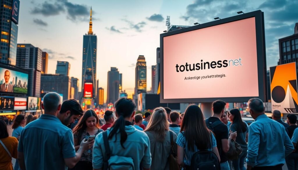 A bustling city skyline at dusk, with skyscrapers and billboards illuminated by warm, golden light. In the foreground, a group of diverse individuals, representing the target audience, engaged in various activities - some browsing on their smartphones, others discussing marketing strategies. A large billboard featuring the tontonbusiness.net logo stands prominently, showcasing targeted advertising tactics. The scene is captured through a shallow depth of field, emphasizing the focal point of the audience and the billboard. The overall atmosphere conveys a sense of modern, dynamic marketing strategies at work.