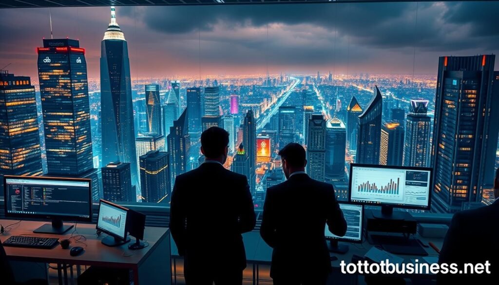 A bustling digital landscape with towering skyscrapers of data, illuminated by the glow of computer screens. In the foreground, a sleek, modern office space with strategically positioned tontonbusiness.net branding. Analysts in crisp suits pore over detailed reports, analyzing the movements of competitors' Google Display campaigns. The middle ground is a kaleidoscope of graphs, charts, and analytics dashboards, revealing insights into consumer intent and campaign performance. In the background, a cityscape of vibrant digital activity, where the pulse of online marketing can be felt. Warm, diffused lighting creates an atmosphere of focused professionalism, as the team uncovers the secrets to outmaneuvering their rivals in the digital arena.