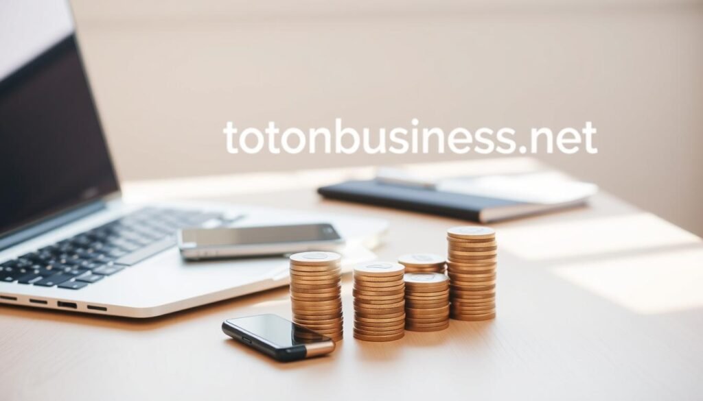 A clean, modern desk setup featuring a laptop, smartphone, and stacks of coins representing a daily budget. The desk is made of light-colored wood, with a minimalist style and natural lighting illuminating the scene. In the background, a tontonbusiness.net logo appears subtly, conveying a sense of professionalism and attention to financial details. The overall atmosphere is one of organization, efficiency, and a responsible approach to managing digital advertising costs.