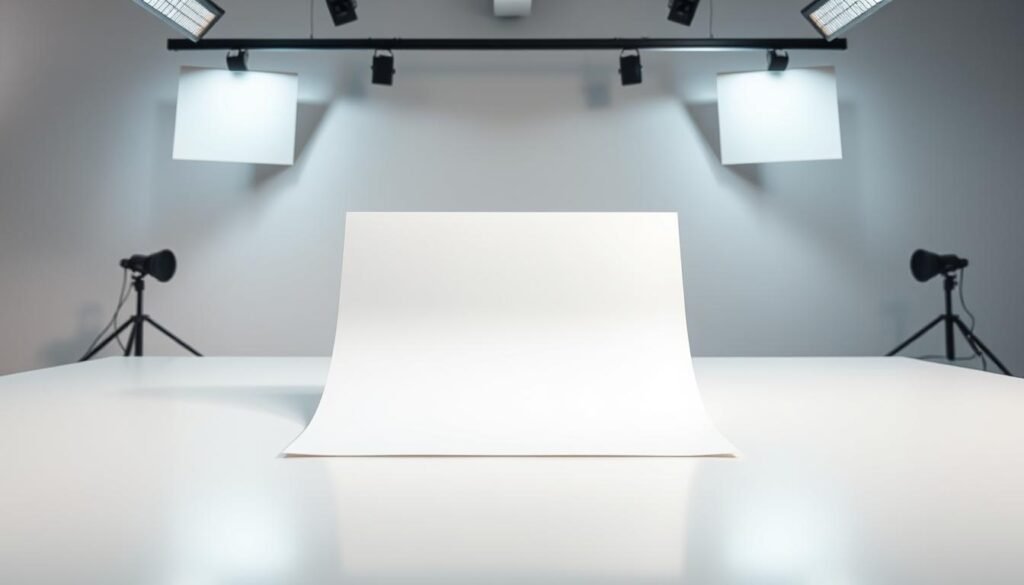 A clean, well-lit studio setting with a bleed example page placed on a smooth, reflective surface. The page fills the frame, with the edges slightly overflowing the borders, giving a sense of the "full bleed" concept. Soft, diffused lighting from multiple angles creates subtle shadows and highlights the texture of the paper. The camera is positioned directly overhead, creating a balanced, symmetrical composition that emphasizes the page's design elements. The atmosphere is calm, professional, and focused, conveying the technical nature of the subject matter.