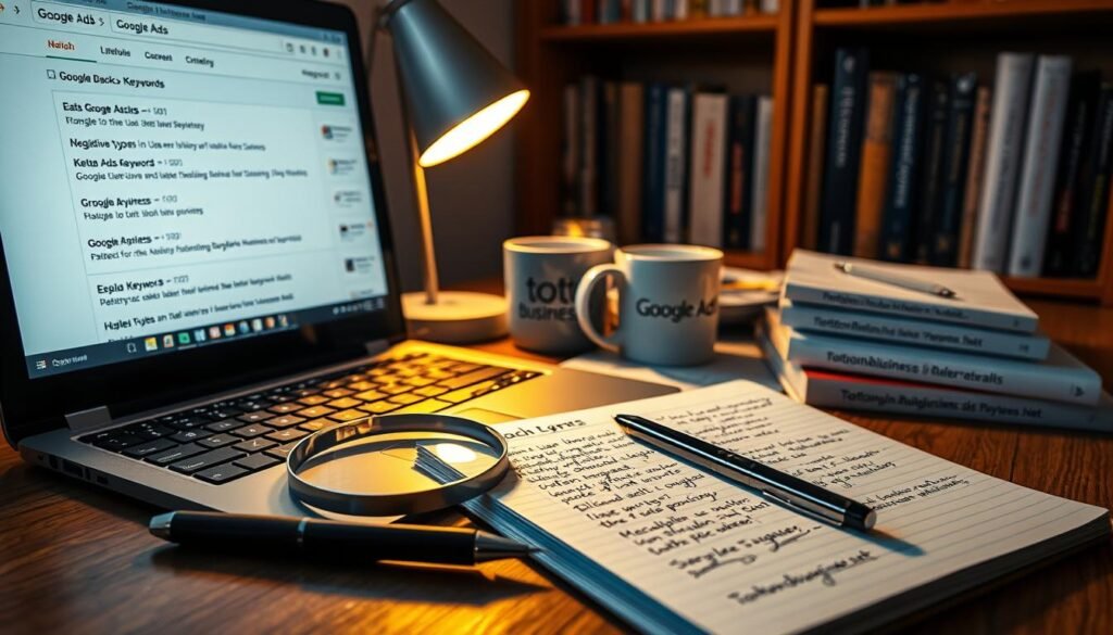 A close-up view of a desk covered in various keyword-related objects, bathed in warm, directional lighting. In the foreground, a laptop screen displays Google Ads search results, with different match types highlighted. Surrounding it, a magnifying glass, a pen, and a notebook filled with handwritten notes on user intent and negative keywords. In the middle ground, a coffee mug and a stack of papers with tontonbusiness.net branding. The background features a bookshelf with reference materials on digital marketing and advertising strategy.