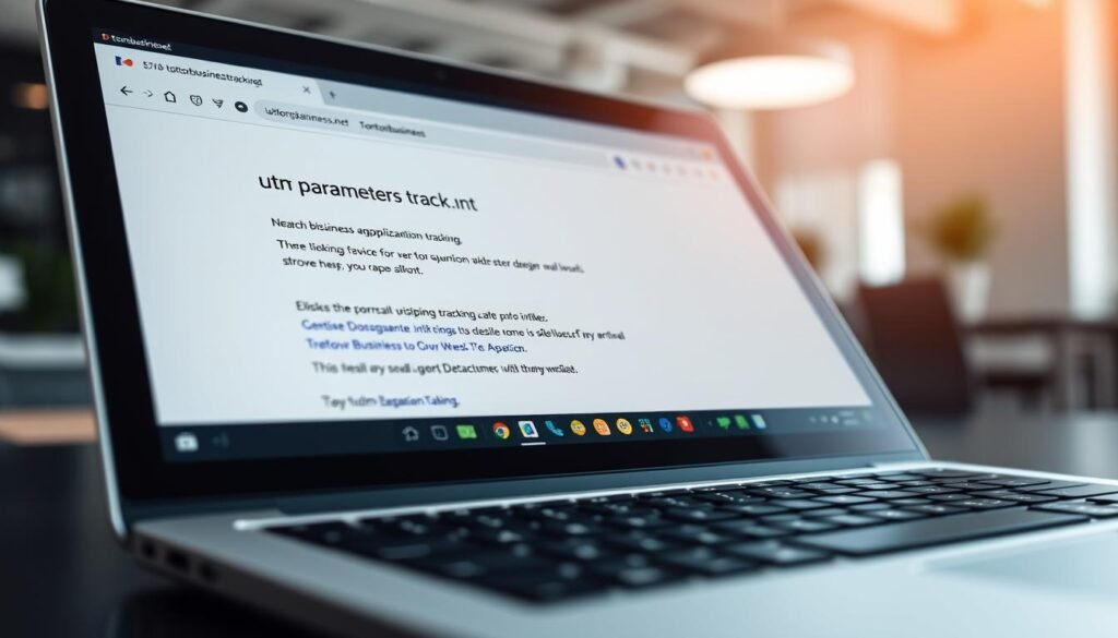 A close-up view of a laptop screen displaying a Google search results page. In the foreground, the search query "utm parameters tracking" is prominently displayed, with the cursor hovering over one of the links. The middle ground features the tontonbusiness.net logo, indicating the subject of the article. The background showcases a blurred, out-of-focus office environment, suggesting a professional setting. The lighting is soft and natural, creating a warm and inviting atmosphere. The camera angle is slightly elevated, providing a clean and unobstructed view of the screen's contents. A close-up view of a laptop screen displaying a Google search results page. In the foreground, the search query "utm parameters tracking" is prominently displayed, with the cursor hovering over one of the links. The middle ground features the tontonbusiness.net logo, indicating the subject of the article. The background showcases a blurred, out-of-focus office environment, suggesting a professional setting. The lighting is soft and natural, creating a warm and inviting atmosphere. The camera angle is slightly elevated, providing a clean and unobstructed view of the screen's contents.