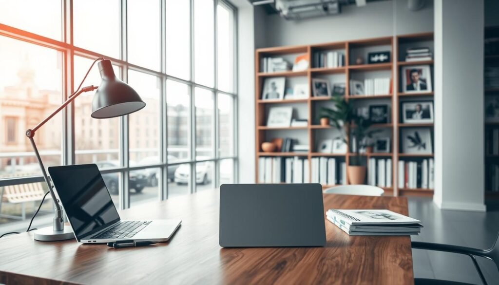 A contemporary office interior with large windows and abundant natural lighting. On a sleek wooden desk, a laptop and a stylish lamp sit alongside a few design tools - a tablet, a pen, and a sketchpad. In the background, shelves filled with design books and artworks, hinting at the creative environment. The overall mood is one of professionalism, productivity, and the potential for financial success in the graphic design field.