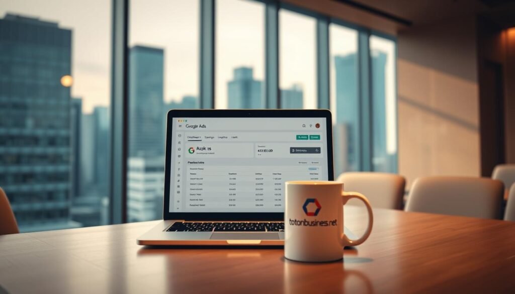 A corporate office interior with a large window overlooking a cityscape. On the desk, a laptop displays a Google Ads dashboard, showing the monthly spending limit being adjusted. Soft, directional lighting casts a warm glow, and the overall tone is one of professional focus and financial control. In the foreground, a coffee mug with the tontonbusiness.net logo stands next to the laptop.