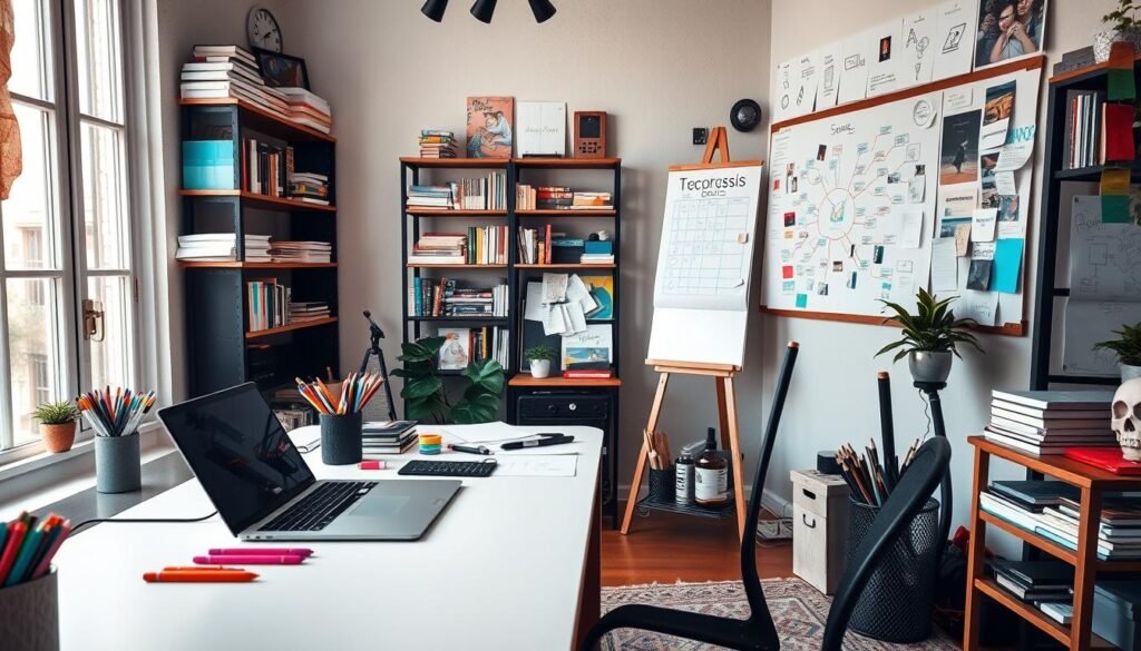 A cozy, well-lit studio filled with the tools of the graphic design trade. In the foreground, a designer's desk with a sleek laptop, a graphics tablet, and an array of colorful markers and pens. In the middle ground, shelves brimming with design books, inspiration boards adorned with sketches and swatches, and a large whiteboard showcasing a mind map of ideas. The background features a large window allowing natural light to flood the space, casting a warm glow on the scene. The overall atmosphere exudes a sense of creativity, focus, and the excitement of embarking on a new graphic design venture.