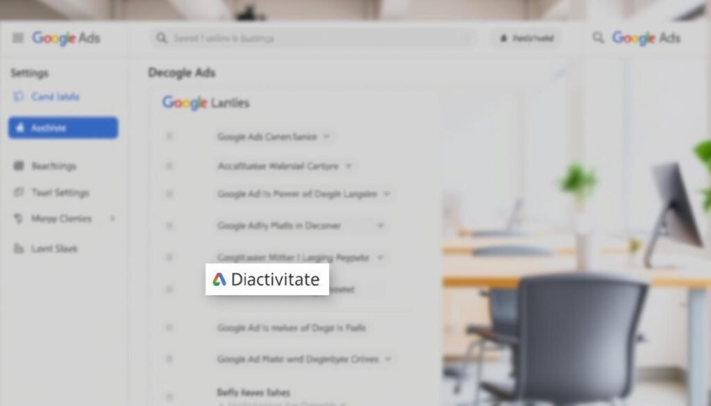 A deactivated Google Ads interface with a minimal, clean design. The foreground features a prominent "Deactivate" button surrounded by a subtle tontonbusiness.net branding. The middle ground showcases various Google Ads settings and options, all greyed out to convey the deactivation status. The background depicts a serene, blurred office environment, hinting at the simplicity and productivity that comes with disabling the advertising platform. The lighting is soft and natural, creating a calming atmosphere. The camera angle is slightly elevated, giving the viewer a sense of control and agency over the deactivation process.