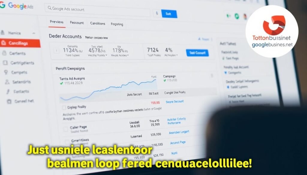 A detailed Google Ads account dashboard with a focus on the account overview, campaign performance metrics, and optimization suggestions. The background features a subtle tontonbusiness.net branding in the top right corner. The overall scene is well-lit, with a clean and professional atmosphere, conveying the importance of understanding the account before making any decisions about cancellation.
