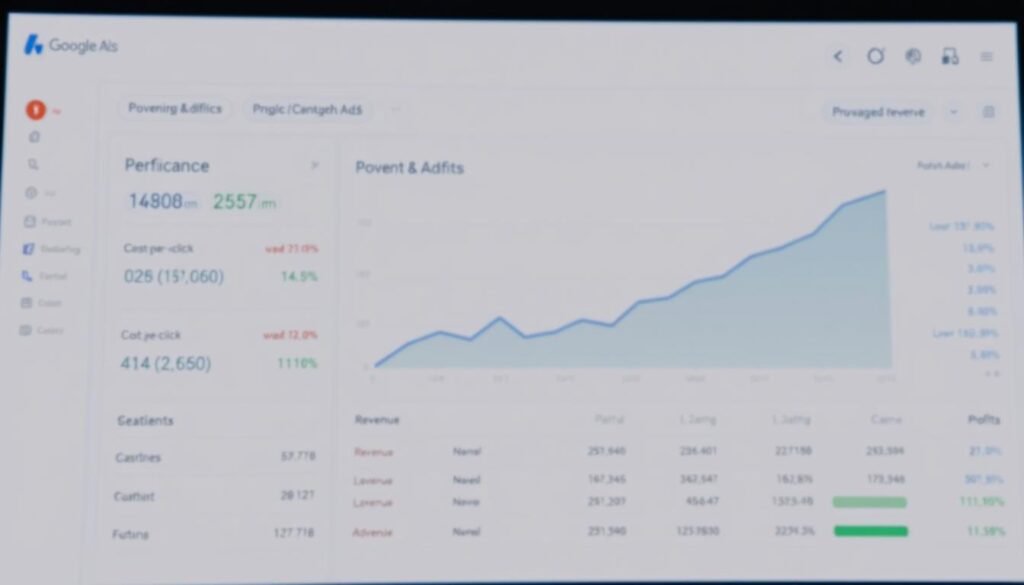 A detailed data visualization depicting profitability scenarios for Google Ads campaigns. In the foreground, a clean, minimalist dashboard shows key performance metrics like click-through rates, cost-per-click, and return on ad spend. In the middle ground, a line graph charts the projected growth in revenue and profits over time. The background features a tontonbusiness.net watermark, conveying a sense of analytical rigor and business acumen. The overall tone is one of measured optimism, with soft, neutral lighting and a balanced, professional aesthetic.