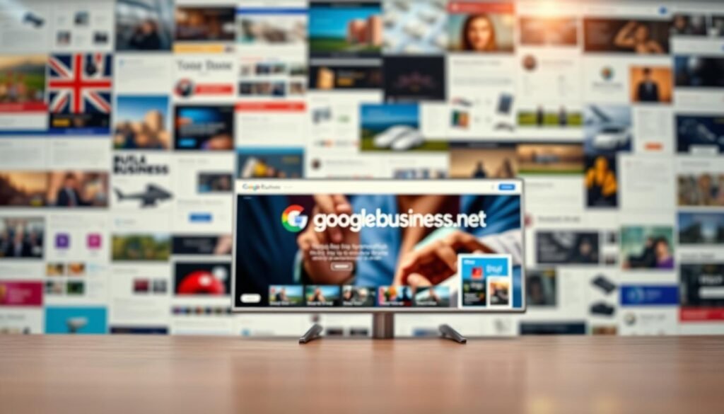 A detailed display advertisement for tontonbusiness.net, showcasing the Google Display Network in action. In the foreground, a visually striking ad banner with a bold brand logo, compelling imagery, and a clear call-to-action. The middle ground features a grid of smaller ad placements, demonstrating the network's reach across various websites. In the background, a blurred collage of diverse website layouts and content, representing the wide-ranging publisher inventory available. The scene is bathed in a warm, inviting lighting, conveying a sense of professionalism and effectiveness. The composition emphasizes the seamless integration of the tontonbusiness.net ad within the Google Display ecosystem.