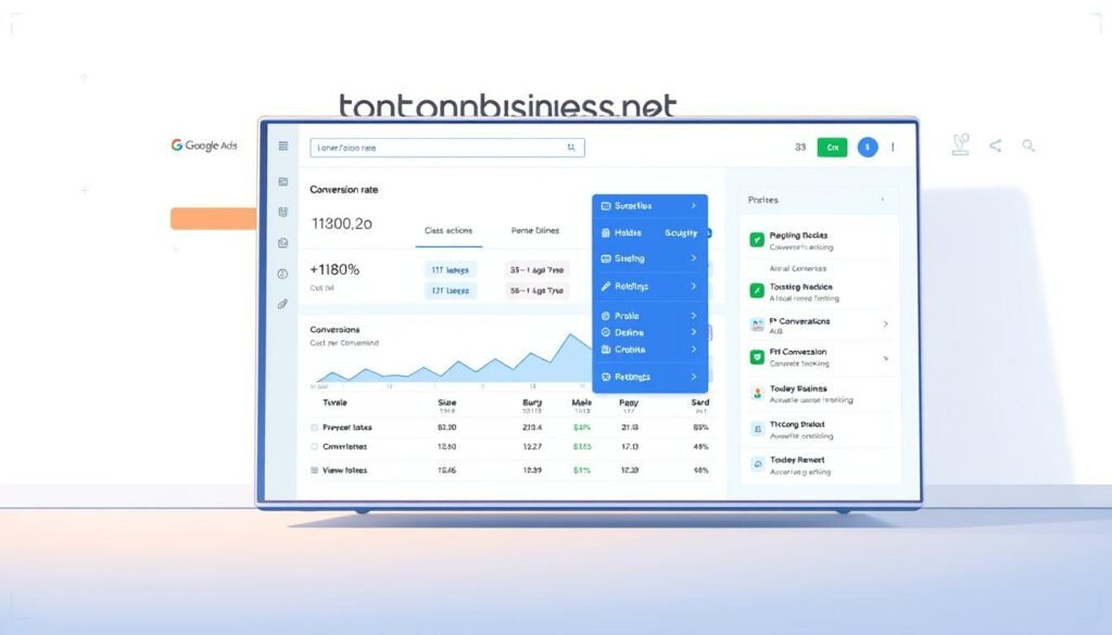 A detailed illustration of a Google Ads account conversion tracking dashboard, showcased in a sleek, minimalist interface. The foreground features a large window displaying key metrics such as conversion rate, cost per conversion, and total conversions. In the middle ground, a sidebar menu allows seamless navigation through various conversion actions and settings. The background depicts the tontonbusiness.net branding, with a clean and professional aesthetic that complements the overall scene. Soft, directional lighting illuminates the dashboard, creating a modern and informative atmosphere.