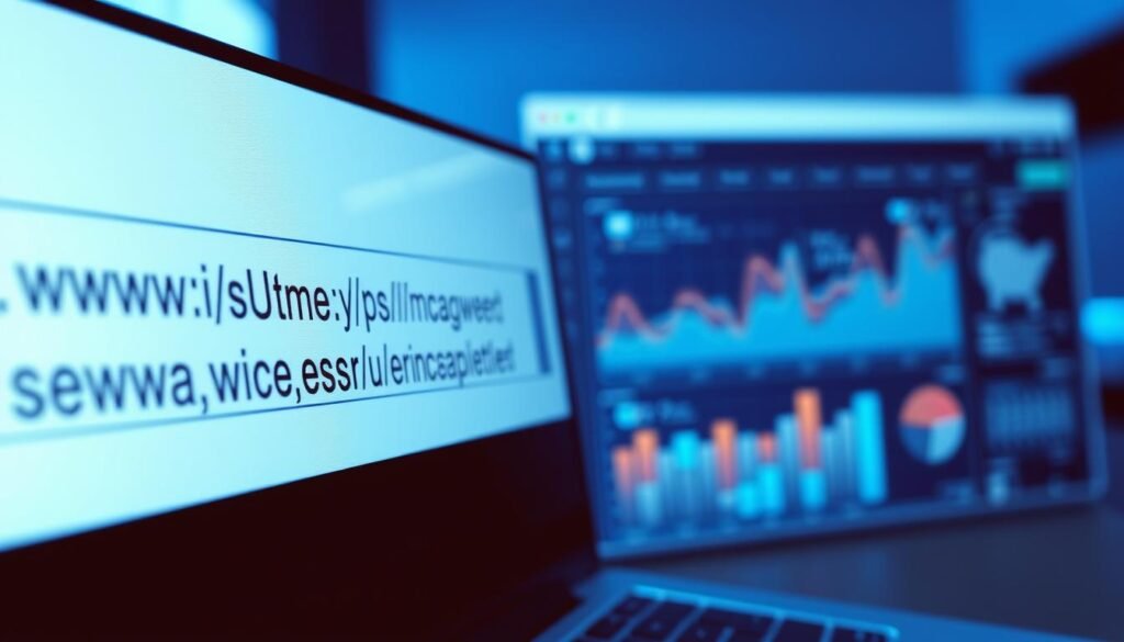 A detailed, technical close-up illustration of "utm parameters tracking" for an article on the tontonbusiness.net website. In the foreground, a modern web browser window displays a URL with distinct UTM parameter tags, highlighting their purpose in campaign performance analysis. The middle ground features a data visualization dashboard, showcasing analytics and insights derived from the UTM parameters. In the background, a sleek, minimalist interface with charts, graphs, and data visualizations conveys the importance of these tracking metrics. The scene is bathed in a cool, blue-toned lighting, creating a professional, analytical atmosphere. The overall image should effectively communicate the technical workings and value of UTM parameters for digital marketers.