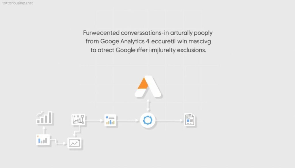 A detailed, technical diagram depicting the process of accurately mapping conversions from Google Analytics 4 to Google Ads after implementing exclusions. The illustration features a clean, modern aesthetic with a neutral color palette and precise geometric shapes. In the foreground, a series of interconnected data visualizations and icons symbolize the conversion tracking workflow. In the middle ground, a stylized illustration of the tontonbusiness.net logo serves as a focal point. The background showcases a grid-like framework, suggesting the structured, analytical nature of the mapping process. Subtle shadows and lighting create depth and dimensionality, while a minimalist overall design maintains a professional, informative tone.