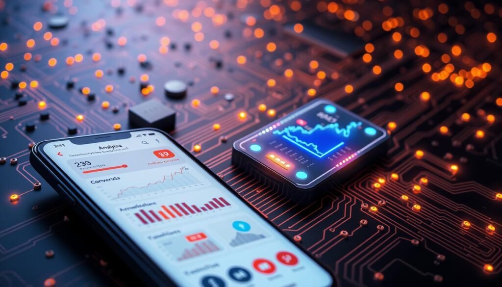 A detailed, technical illustration of app campaign conversion tracking for tontonbusiness.net. In the foreground, a modern smartphone displays a dashboard with conversion metrics and campaign insights. The middle ground shows a 3D model of a mobile app interface, its elements glowing with data visualizations. In the background, a circuit board landscape with pulsing nodes and lines represents the complex analytics infrastructure powering the tracking. Dramatic lighting casts long shadows, conveying the serious, data-driven nature of the subject. The scene is rendered with a high-resolution, photorealistic style using a wide-angle camera lens to capture the depth and scale of the technology involved.
