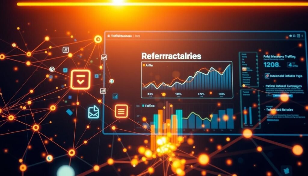 A detailed, technical illustration of referral traffic, depicting a glowing, web-like network of digital connections, illuminated by a warm, cinematic lighting setup. In the foreground, a cluster of clickable icons and hyperlinks representing various referral sources, such as social media platforms, email campaigns, and external websites. The middle ground showcases a dynamic, data-driven visualization of traffic flow and attribution, with pulsing data streams and analytical insights. In the background, a sleek, minimalist interface bearing the branding "tontonbusiness.net", framing the scene with a sense of professionalism and digital sophistication.