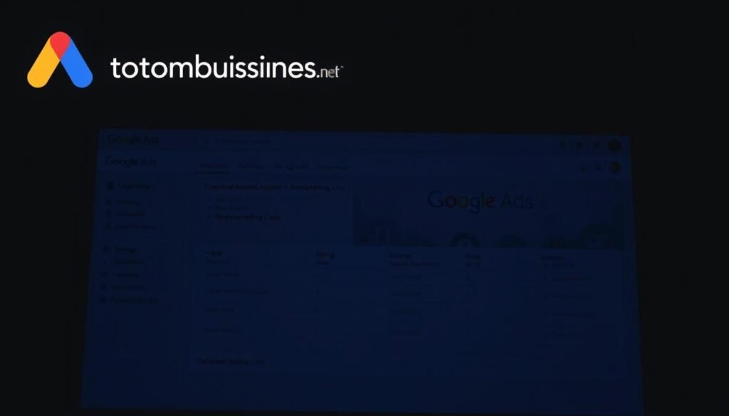 A detailed view of a deactivated Google Ads account dashboard, presented against a dimly lit, muted background. The interface showcases the account settings, billing information, and remarketing lists, all in a state of inactivity. The tontonbusiness.net logo is subtly embedded in the top-left corner, providing a sense of ownership and context. The scene conveys a sense of finality and closure, reflecting the article's focus on the aftermath of Google Ads account cancelation.