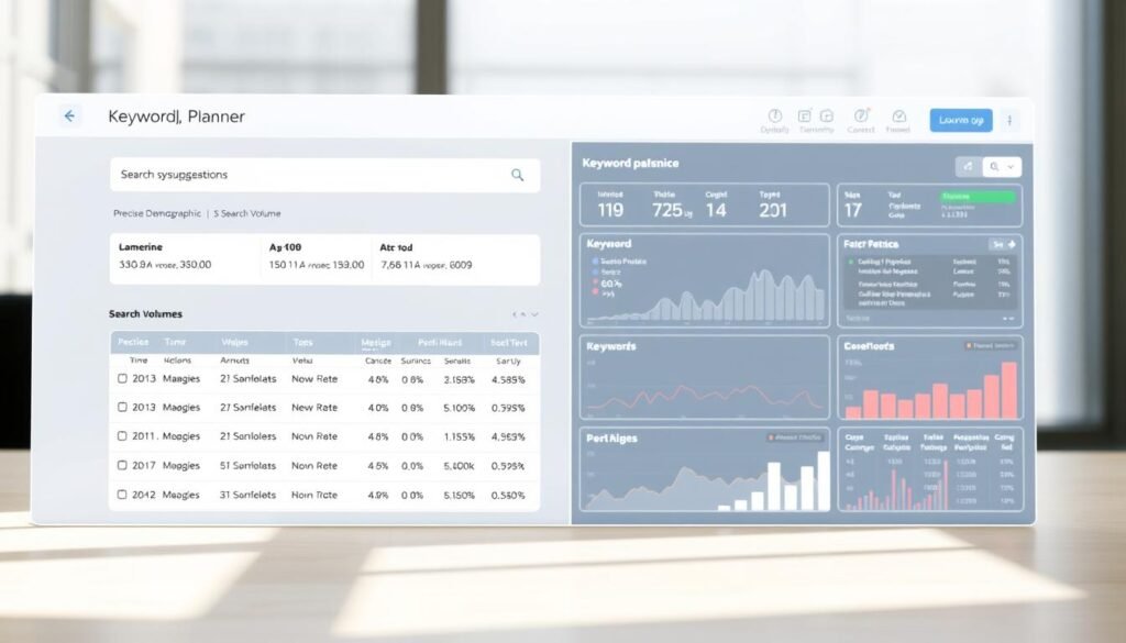 A detailed wireframe of a website for the tontonbusiness.net keyword planner, featuring a clean and intuitive interface. In the foreground, a search bar and a list of keyword suggestions occupy the center, with precise demographic and search volume data displayed. The middle ground showcases various visualization tools, such as a budget allocation graph and a keyword performance chart. In the background, a sleek dashboard provides an overview of campaign metrics and optimization recommendations. The lighting is soft and natural, with a professional, business-oriented atmosphere conveyed through the color scheme and layout.