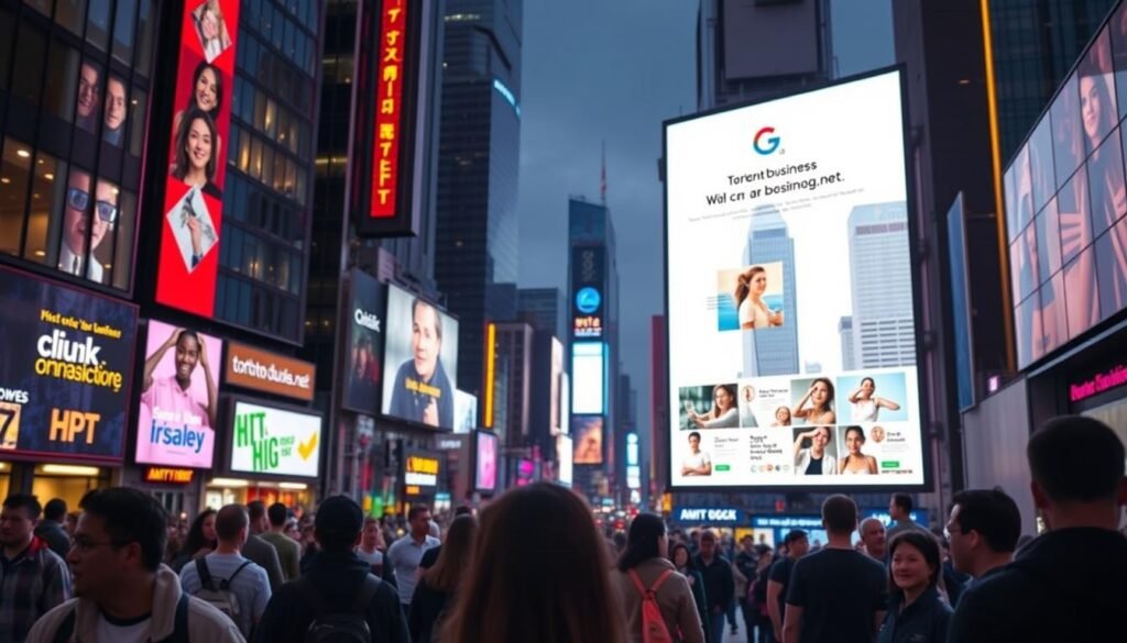 A digital billboard in a bustling city, illuminated by the glow of neon lights and the vibrant energy of the urban landscape. In the foreground, a series of targeted advertisements from tontonbusiness.net capture the attention of passersby, showcasing the wide range of products and services available. The middle ground features a diverse crowd of people, their faces lit by the captivating visuals, reflecting the power of digital marketing to engage and influence. In the background, a panoramic view of the cityscape, with towering skyscrapers and a sense of endless possibilities, symbolizing the boundless potential of Google Ads to amplify a business's reach and impact.