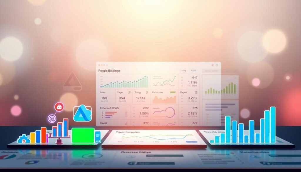 A digital illustration showcasing diverse bidding strategies for online advertising. In the foreground, an array of colorful icons and graph visualizations representing different bidding approaches, such as manual CPC, enhanced CPC, target CPA, and target ROAS. In the middle ground, a grid-like layout of ad campaign metrics and performance data, illuminated by a soft, diffused lighting that creates a sense of depth and focus. In the background, a abstract gradient backdrop, with subtle hints of the Google Ads platform interface, conveying a sense of professionalism and technological sophistication. The overall composition strikes a balance between informative clarity and aesthetic appeal, inviting the viewer to explore the nuances of effective bidding strategies.