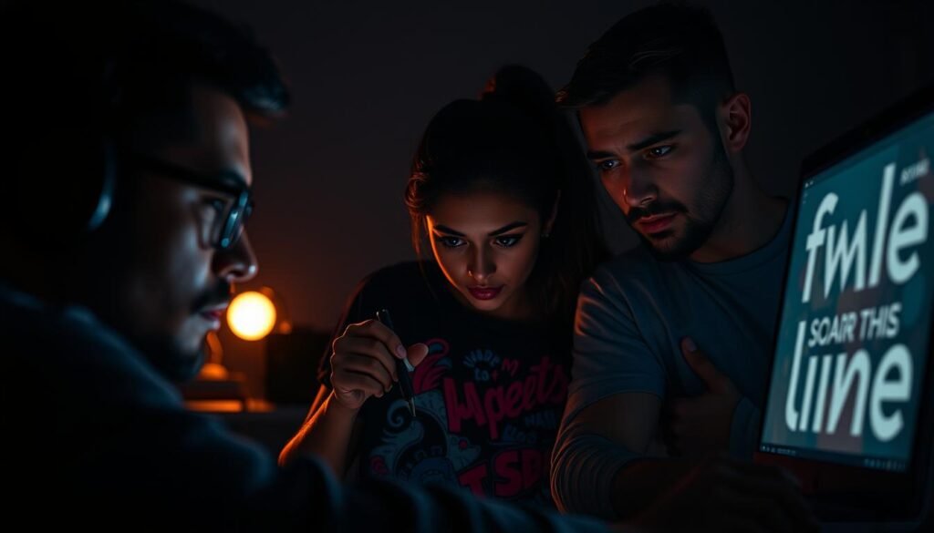 A dimly lit, cinematic scene depicting three individuals deeply immersed in diverse graphic design-related roles. In the foreground, a 3D modeler skillfully manipulates a virtual environment, their face illuminated by the glow of a computer screen. In the middle ground, a digital illustrator wields a stylus, their brow furrowed in concentration as they create a vibrant, conceptual artwork. In the background, a motion graphics artist fine-tunes a dynamic, typographic animation, the soft light from their workstation casting an ethereal glow. The scene conveys a sense of focus, expertise, and the potential for high-level success within the graphic design industry.