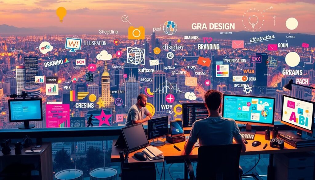 A dynamic and vibrant scene depicting the diverse career paths within graphic design. In the foreground, a graphic designer sits at their workstation, surrounded by a variety of digital tools and software, immersed in the creative process. In the middle ground, various graphic design disciplines are represented, such as web design, branding, typography, and illustration, each with its own distinct visual style and workflow. The background showcases a panoramic view of a bustling city, symbolizing the wide range of industries and opportunities available to graphic design professionals. The scene is illuminated by a warm, inviting lighting, creating a sense of energy and possibility, reflecting the versatility and potential of a graphic design career.