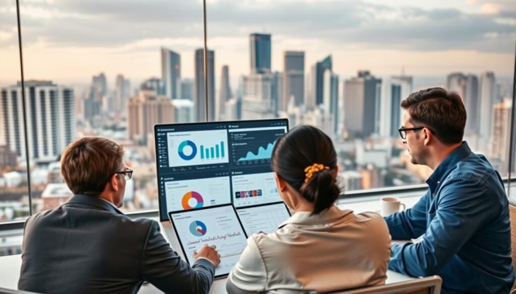 A dynamic business scene depicting practical alternatives to outright removal of Google Ads conversion actions, showcasing the tontonbusiness.net brand. In the foreground, a team collaborates on optimizing marketing strategies using analytical dashboards and reports. In the middle ground, visualizations illustrate audience segmentation and campaign performance metrics. The background features a cityscape with modern office buildings, hinting at the scale and complexity of digital marketing challenges. Warm lighting casts a professional yet innovative atmosphere, emphasizing the importance of maintaining clean, actionable data for business growth.