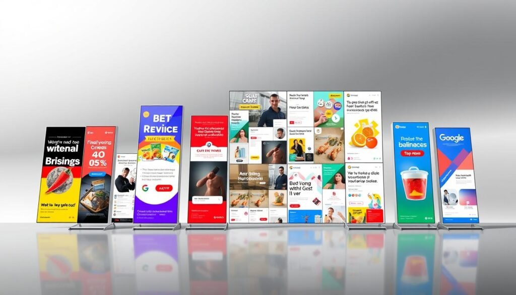 A dynamic display ad arrangement against a sleek, minimalist background. In the foreground, vibrant banner ads with bold typography, product imagery, and eye-catching calls-to-action. The middle ground features a grid-like layout of various digital ad formats, including skyscrapers, rectangles, and squares. In the background, a subtle gradient or soft, blurred textures create a sense of depth and professionalism. The lighting is balanced, with gentle highlights accentuating the ad elements. The overall composition conveys a modern, digital marketing aesthetic that is both visually appealing and representative of the diverse ad types used across Google platforms.