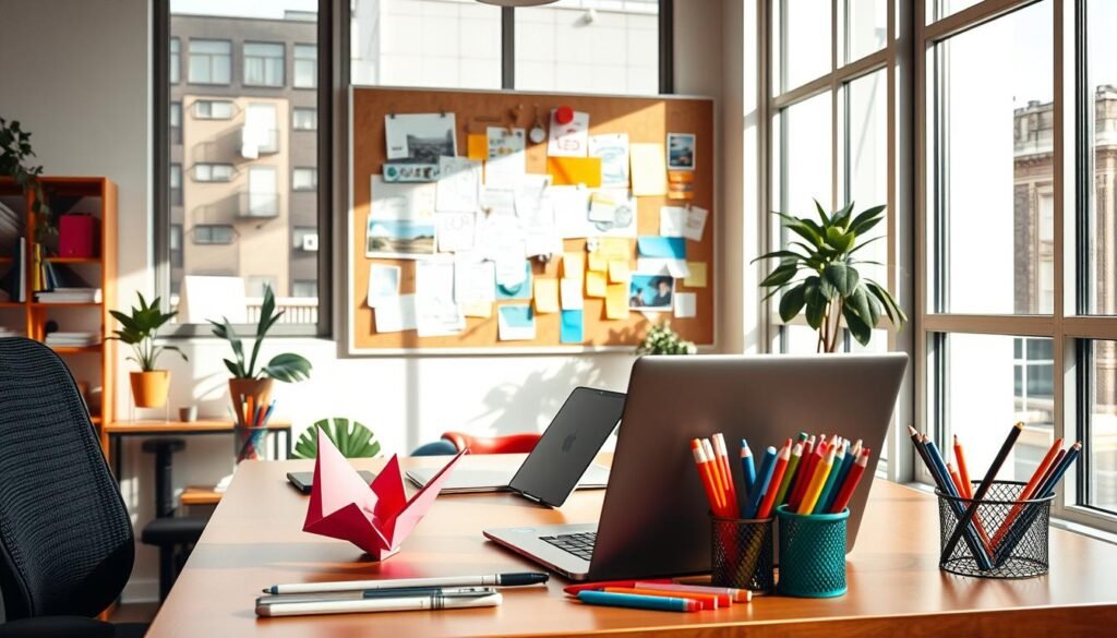 A dynamic, well-lit workspace with a vibrant, modern aesthetic. In the foreground, an ergonomic desk setup with a sleek laptop, a tablet, and an array of colorful pens and markers. Atop the desk, a geometric origami figure, symbolizing the creative potential of design. In the middle ground, a bulletin board filled with sketches, inspirational images, and sticky notes, capturing the iterative process of design. The background features floor-to-ceiling windows, allowing natural light to flood the space and illuminate the various design tools and resources. A sense of energy, opportunity, and limitless possibilities permeates the scene.