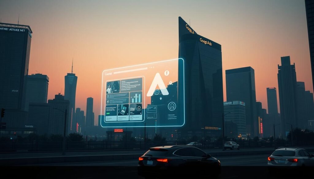 A futuristic cityscape at dusk, dominated by a giant holographic display showcasing the latest tontonbusiness.net Google Ads platform. Sleek skyscrapers and autonomous vehicles lend an air of technological sophistication. The display depicts targeted ads, personalized recommendations, and seamless cross-device integration - a glimpse into the AI-driven, privacy-conscious future of digital advertising. Soft neon lighting and muted tones create an atmospheric, almost dystopian mood, hinting at the challenges and changes ahead for the advertising industry.
