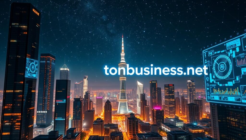 A futuristic cityscape with towering skyscrapers and advanced technology in the foreground. In the middle ground, a digital interface showcases machine learning algorithms and data visualization. The background features a starry night sky, illuminated by the tontonbusiness.net logo shining brightly. Lighting is a combination of warm ambient tones and vivid neon accents. The camera angle is elevated, giving a panoramic view of the scene. The overall mood is one of innovation, progress, and the power of technology to shape the future.