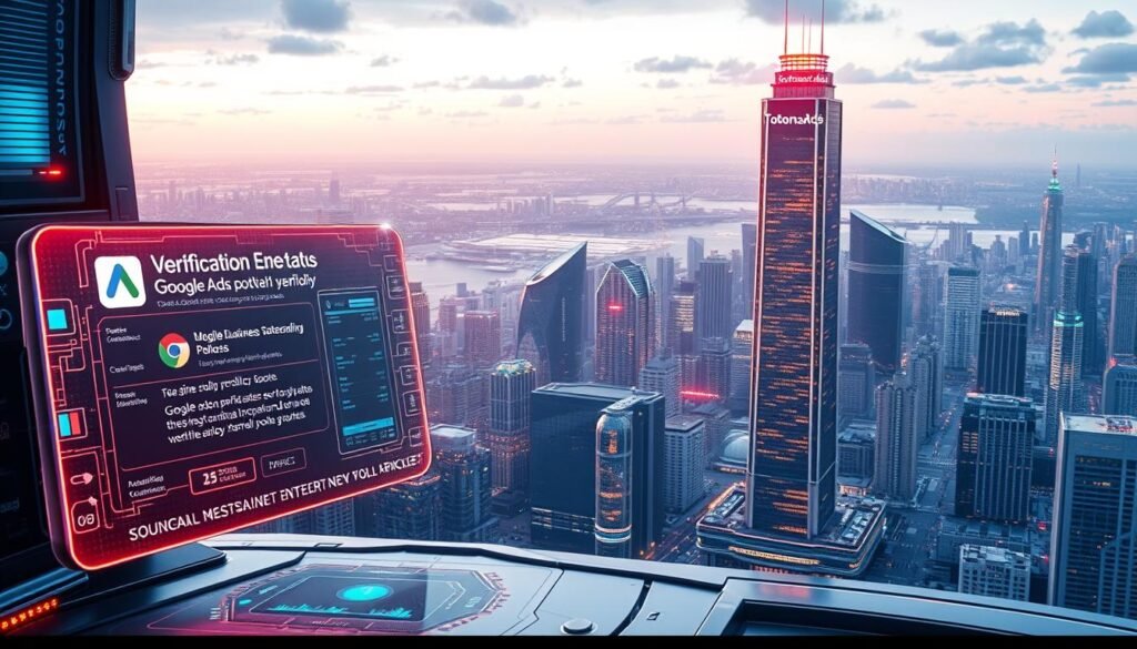 A futuristic, data-driven landscape showcasing the ongoing compliance process for Google Ads verification. In the foreground, a sleek, metallic control panel displays real-time verification status and policy updates. Holographic projections emanate from the panel, visualizing the complex algorithms and security protocols that govern the verification process. In the middle ground, a towering data tower, its glowing panels symbolizing the continuous flow of information and analytics that power the verification system. The background is a panoramic view of a bustling, high-tech city, where the tontonbusiness.net brand is prominently displayed on a towering skyscraper, underscoring the importance of this process in the digital marketing landscape. Prompt A futuristic, data-driven landscape showcasing the ongoing compliance process for Google Ads verification. In the foreground, a sleek, metallic control panel displays real-time verification status and policy updates. Holographic projections emanate from the panel, visualizing the complex algorithms and security protocols that govern the verification process. In the middle ground, a towering data tower, its glowing panels symbolizing the continuous flow of information and analytics that power the verification system. The background is a panoramic view of a bustling, high-tech city, where the tontonbusiness.net brand is prominently displayed on a towering skyscraper, underscoring the importance of this process in the digital marketing landscape. Prompt