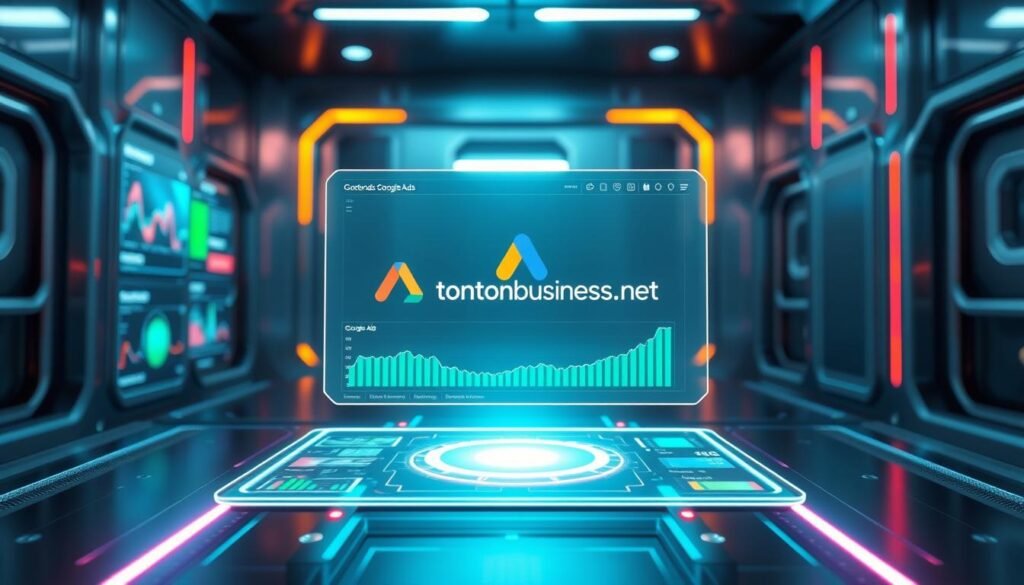 A futuristic, tech-savvy visual representation of "google ads conversion tracking". In the foreground, a sleek, holographic dashboard displays data and metrics related to Google Ads conversions, with vibrant, neon-like visualizations. In the middle ground, a transparent, floating screen showcases the tontonbusiness.net brand and logo, seamlessly integrated into the scene. The background features a minimalist, metallic environment with subtle lighting, conveying a sense of precision and technological prowess. The overall atmosphere is one of advanced, data-driven marketing, where the conversion tracking process is streamlined and highly intuitive.