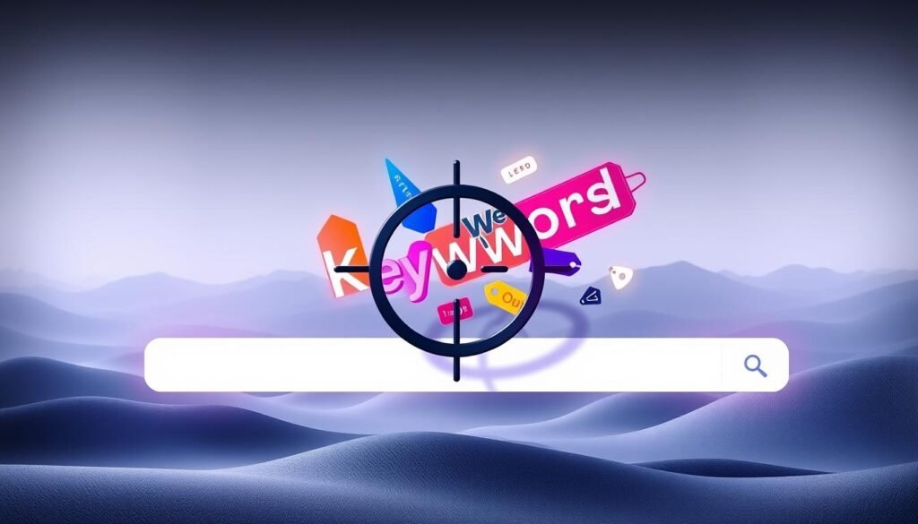 A high-contrast digital illustration depicting the concept of "targeting and keywords" for online advertising. In the foreground, a sleek, minimalist target symbol overlays a search bar interface, symbolizing the alignment of search intent and advertising targeting. The middle ground features a series of keyword tags in various colors, floating and intersecting to convey the importance of strategic keyword selection. The background is a subtle, gradient-infused landscape, evoking the expansive digital landscape of the modern web. Dramatic lighting, with bold shadows and highlights, creates a sense of depth and drama. The overall aesthetic is clean, modern, and tech-forward, reflecting the sophisticated nature of contemporary digital marketing strategies.